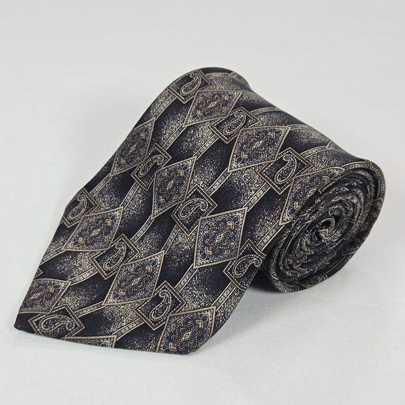 Villa Bugatti Other - Vintage 90s Villa Bugatti Italian Silk Geometric Paisley Tie Navy Gold 3.75 x 58